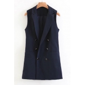 Notched Lapel Collar Sleeveless Double Breasted Plain Vest Coat