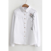 Fashion Floral Embroidered Lapel Collar Long Sleeve Buttons Down Shirt