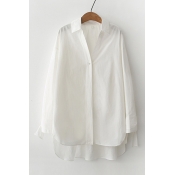 Basic Simple Plain Loose Long Sleeve Lapel Collar High Low Hem Tunic Shirt