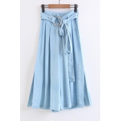 Double Rings Tied Waist Basic Plain Loose Leisure Wide Legs Culottes Jeans