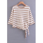 Striped Color Block Knotted Asymmetric Hem 3/4 Length Sleeve Sweater