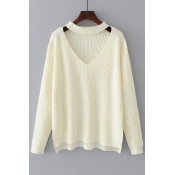 Basic Simple Plain V Neck Long Sleeve High Low Hem Pullover Sweater