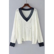 New Arrival Contrast V-Neck Long Sleeve Hollow Out Pullover Sweater