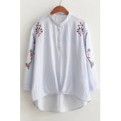 Women's High Low Hem Stand Up Collar Embroidery Floral Single Breasted Shirt