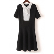 Bow Tie Lapel Collar Short Sleeve Color Block Fashion Mini A-Line Dress