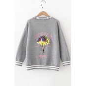 Funny Embroidery Parachute Graphic Pattern V-Neck Single Breasted Cardigan