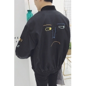 Oversize Embroidery Sad Face Graphic Pattern Long Sleeve Zipper Placket Bomber Jacket
