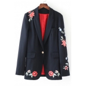 Chic Floral Embroidered Notched Lapel Collar Long Sleeve Blazer with Single Button