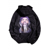 Black Man Printed Long Sleeve Hooded Zipper Placket Sun-Proof Coat