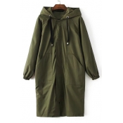 Winter's Warm Hooded Long Sleeve Simple Plain Zip Up Cotton Coat with Double Pockets