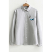 Basic Simple Cartoon Fish Embroidered Lapel Collar Long Sleeve Buttons Down Shirt