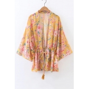 Summer's Floral Printed Elastic Drawstring Waist Sun Protection Kimono Top