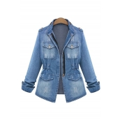 New Collection Retro Ripped Out Stand-Up Collar Denim Jacket
