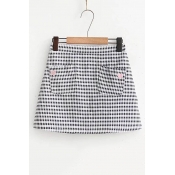 Embroidery Heart Pockets Elastic Waist Plaid Mini A-Line Skirt