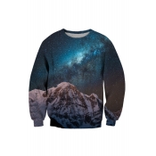 Chic Mountain Galaxy Printed Long Sleeve Round Neck Pullover Sweatshirt