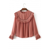 Fashion Stringy Selvedge Round Neck Long Sleeve Flared Cuff Plain Blouse