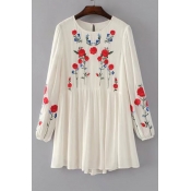 Chic Floral Embroidered Round Neck Long Sleeve Mini Smock Dress