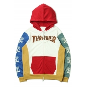 Fashion Color Block Letter Printed Long Sleeve Casual Zip Up Hoodie