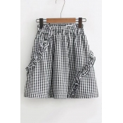 Classic Plaids Pattern Elastic Waist Ruffle Hem Mini A-Line Skirt