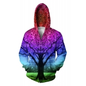Color Block Tree 3D Printed Hooded Long Sleeve Zip Up Hoodie