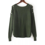 New Arrival Lace-Up Shoulder Long Sleeve Round Neck Plain Pullover Sweater