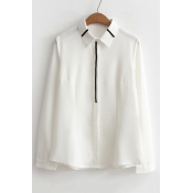 Simple Color Block Lapel Collar Long Sleeve Buttons Down Chiffon Shirt