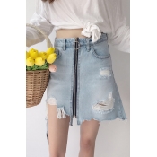 Summer's High Rise Fashion Ripped Plain Zip Up Mini A-Line Denim Skirt