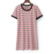 Chic Grommet Lace-Up Back Round Neck Short Sleeve Striped Pattern Mini T-Shirt Dress