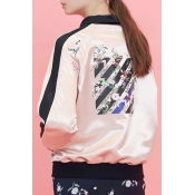 Women's Floral Printed Stand Up Collar Zip Fly Bomber Jacket