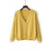 V Neck Long Sleeve Fashion Color Block Buttons Down Cardigan