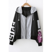 New Arrival Fashion Color Block Hooded Long Sleeve Zip Up Casual Coat