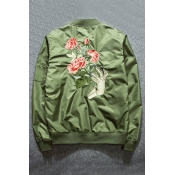 Fashion Embroidery Floral Pattern Zipper Placket Stand-Up Collar Bomber Jacket