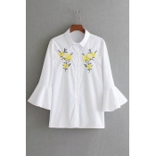 Embroidery Floral Pattern Bell Long Sleeve Single Breasted Shirt