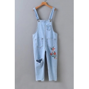 Leisure Embroidery Floral Pattern Cutout Knee Denim Overalls