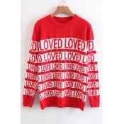 Color Block Letter Pattern Long Sleeve Round Neck Pullover Sweater