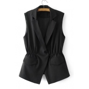 Notched Lapel Collar Sleeveless Elastic Waist Plain Vest Coat with Single Button