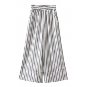 Folded Cuff Classic Striped Pattern Elastic Waist Loose Wide Legs Culottes Pants