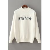 Letter WINTER Embroidered Simple Mock Neck Long Sleeve Pullover Sweater