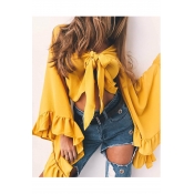 Sexy Plunge Neck Bow Tied Front Fashion Ruffle Long Sleeve Cropped Blouse