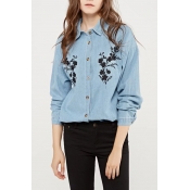 Floral Embroidered Button Down Long Sleeve Denim Shirt