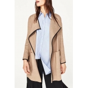 Lapel Open Front Contrast Trim Long Sleeve Trench Coat with Pockets