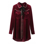 Collared Tied Neck Buttons Down Contrast Trim Velvet Shirt With Pockets