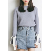 Simple Basic Color Block Round Neck Long Sleeve Pullover Sweater