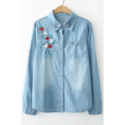 Chic Floral Embroidered Long Sleeve Lapel Collar Buttons Down Denim Shirt
