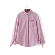 Letter Embroidered Grommet Detail Lapel Stripe Long Sleeve Shirt with Chest Patch Pocket