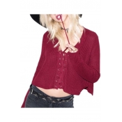 New Arrival Sexy Lace-Up Plunge Neck Long Sleeve Plain Cropped Sweater