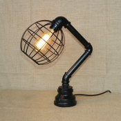 Industrial Table Lamp with Pipe Lamp Base with Vintage Metal Cage Frame in Black