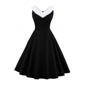 Vintage Fashion Color Block V Neck Sleeveless Graceful Midi Flared Dress