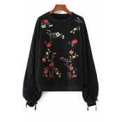 Round Neck Long Sleeve Chic Floral Embroidered Loose Sports Sweatshirt