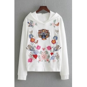 Tiger Head and Floral Embroidered Long Sleeve Hoodie